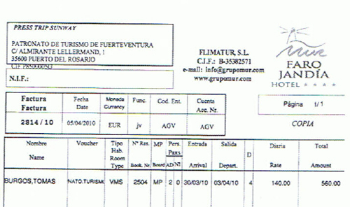 Factura de las vacaciones de Toms Burgos Beteta